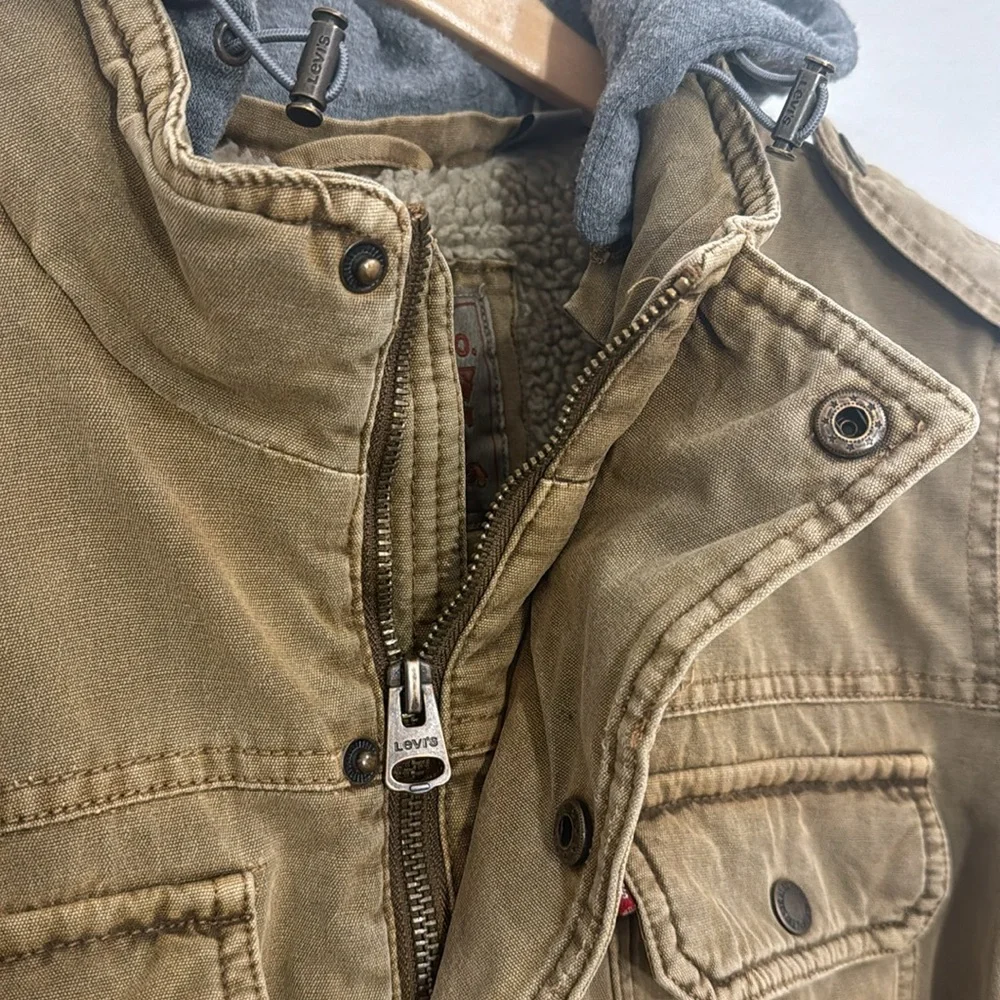 LEVI’S Washed Cotton Brown Jacket Removable Hood Snap/Zipper Front Size Small